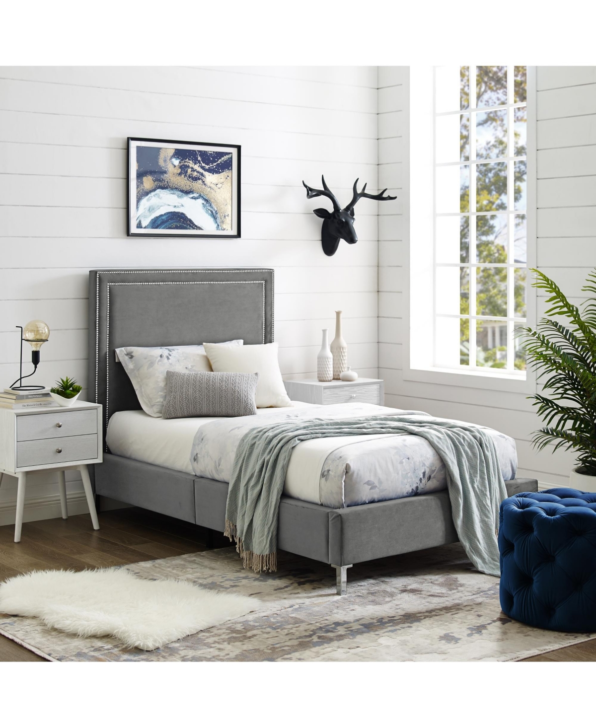 Inspired Home Samuele Velvet Platform Bed Frame and Headboard Set Size