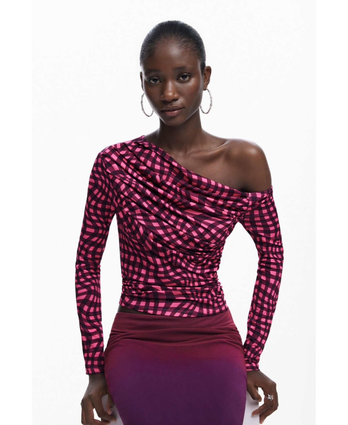 Desigual Women's Asymmetric T-shirt With Psychedelic Checks In Pink