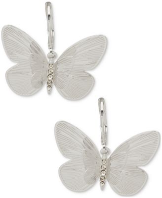 lonna & lilly - Silver-Tone Pav&eacute; Textured Butterfly Drop Earrings