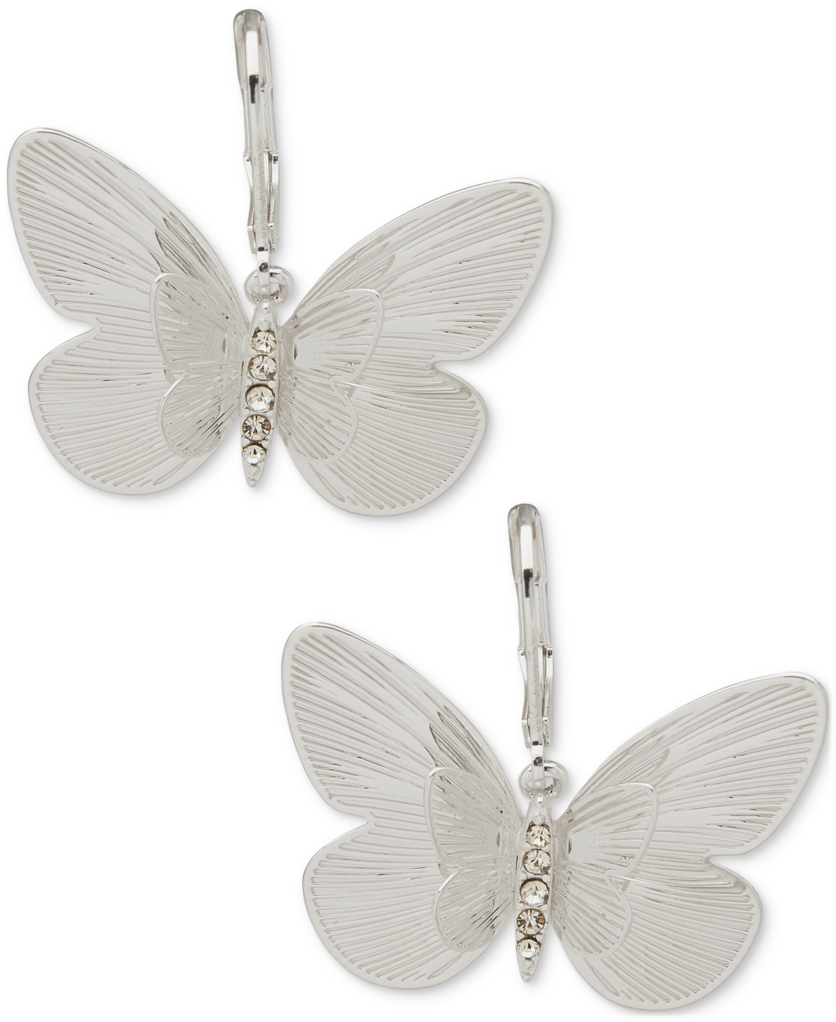 Silver-Tone Pave Textured Butterfly Drop Earrings - Crys