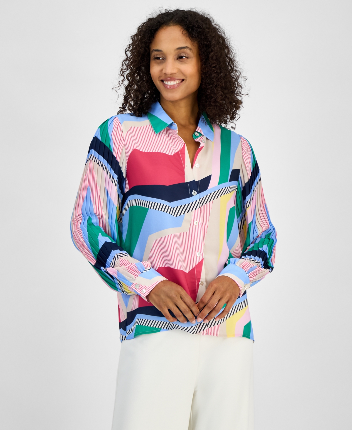 T Tahari Women's Abstract-print Button-down Blouse In Kaleidoscope