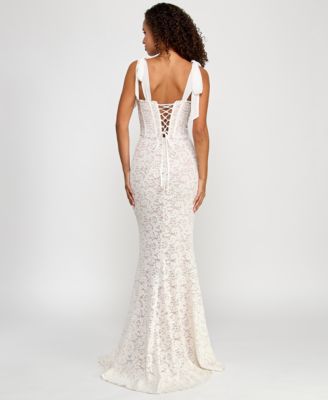 Juniors' Glitter-Lace Tie-Shoulder Sweetheart Gown