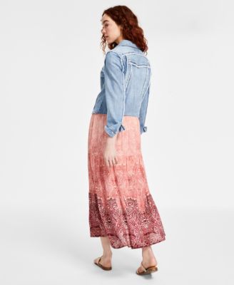 Shop Liverpool Los Angeles Womens Frayed Trucker Jacket Knit Top Maxi Skirt In Mauve Ombre Paisley
