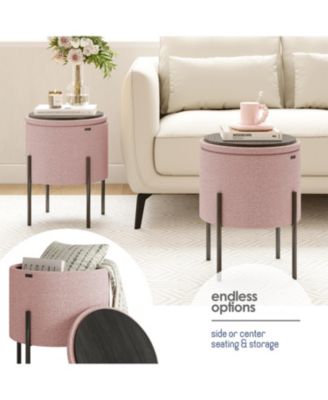  Round Ottoman  Boucle Fabric  Hidden Storage Foot Stool/Vanity Stool for Living Room & Bedroom Decor