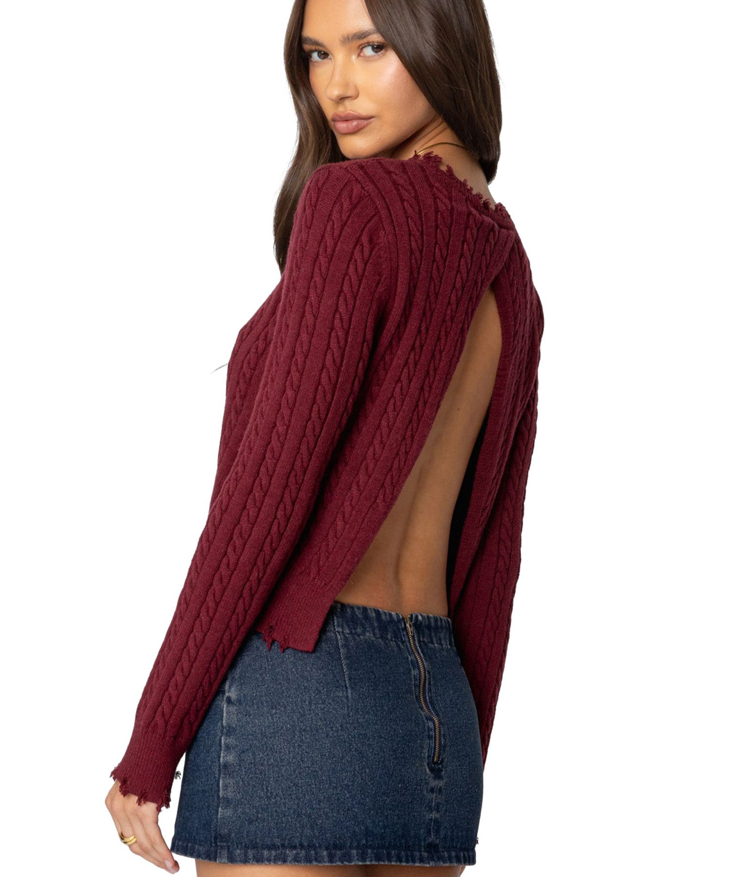 Women's Split Open Back Cable Knit Sweater