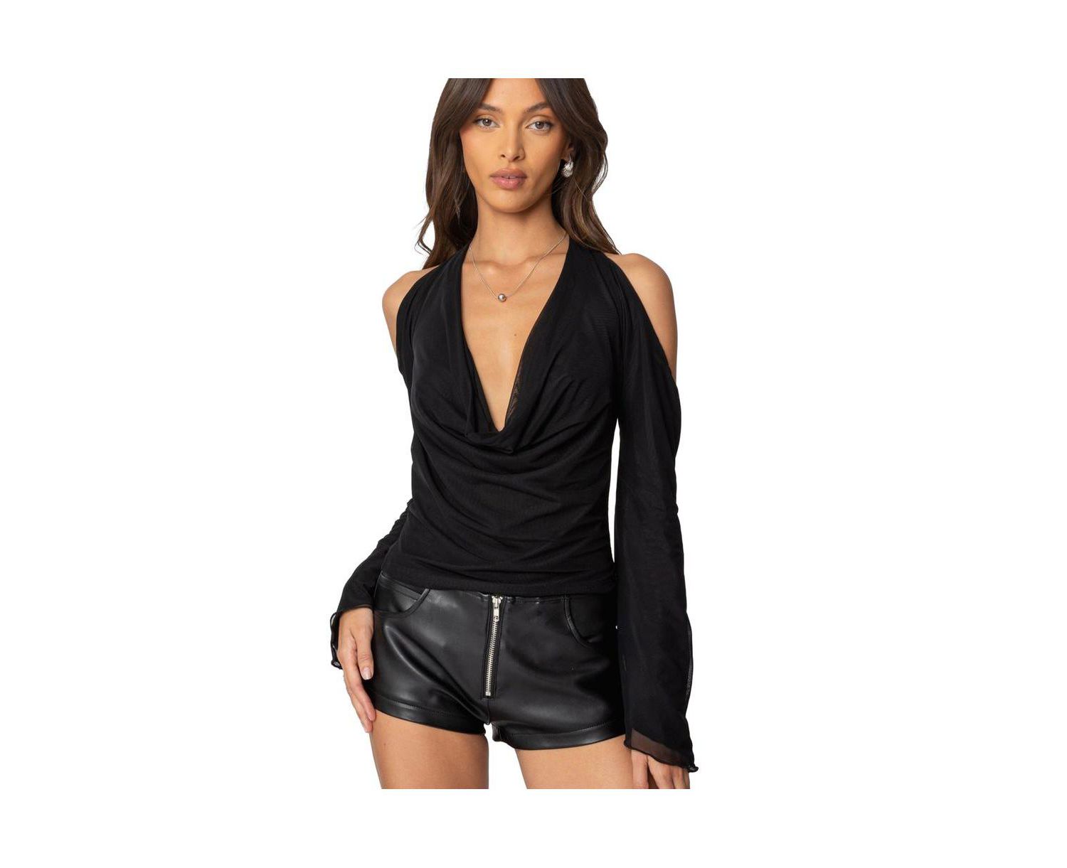 Women's Open Shoulder Cowl Neck Top