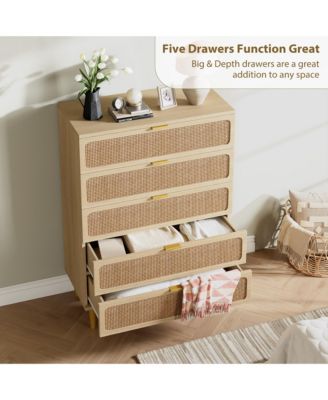 Rattan 5 Drawer Dresser for Bedroom, Large Double Dresser with Deep Drawers