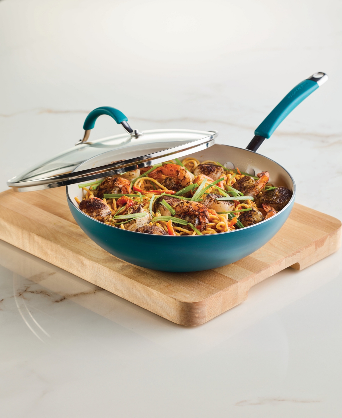 Rachael Ray Cucina Ceramic 11in Nonstick Stir Fry Pan With Lid In Marine Blue