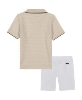 Toddler and Little Boys Tipped Herringbone Dobby Polo Shirt and Twill Shorts, 2-Piece Set