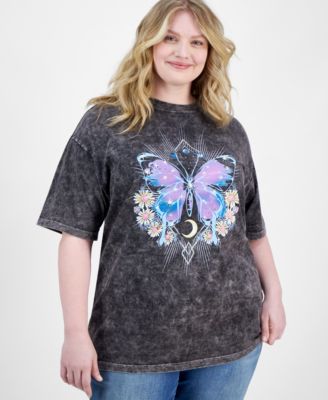 Rebellious One - Trendy Plus Size Floral Butterfly Cotton Graphic T-Shirt