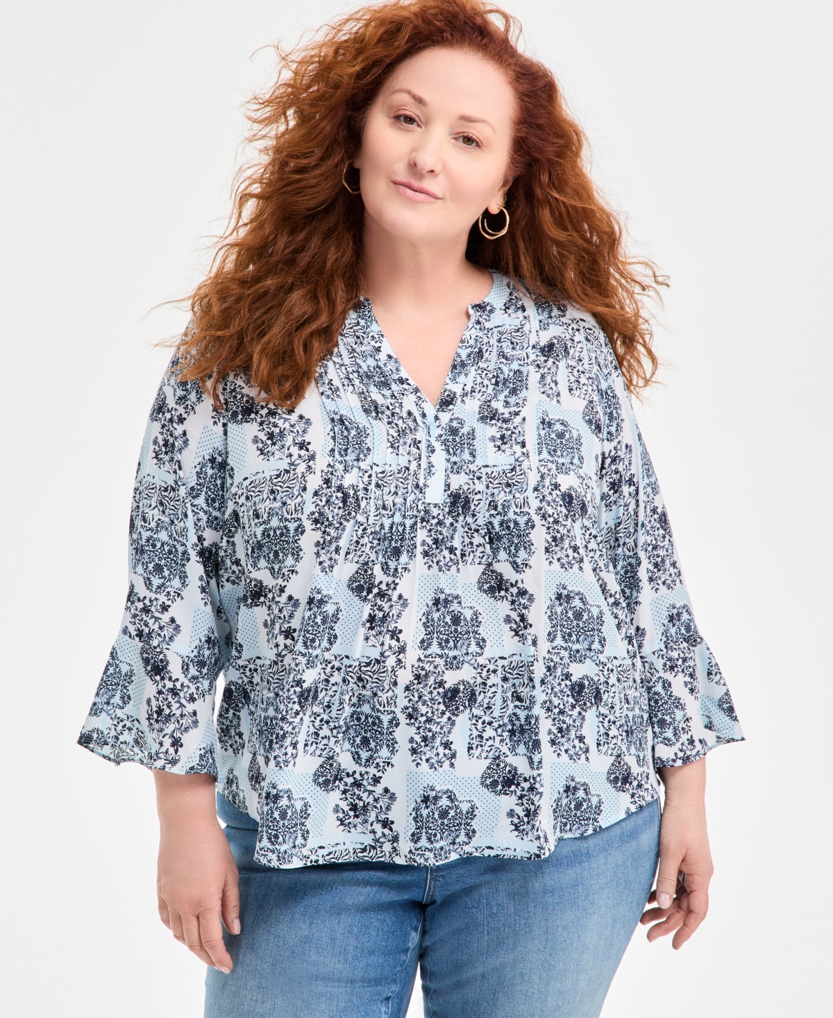 Plus Size Printed Pintuck Blouse, Exclusively at Macy's - Tonal Dress