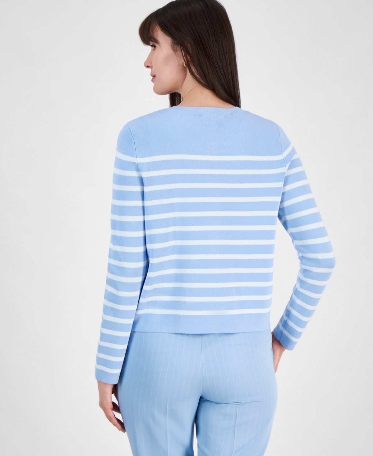 Tahari Asl Women's Striped Button-front Cardigan In Ice Blue Ivory