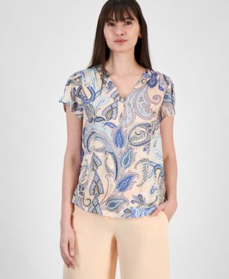 Tahari ASL - Women's Paisley Tulip-Sleeve V-Neck Blouse