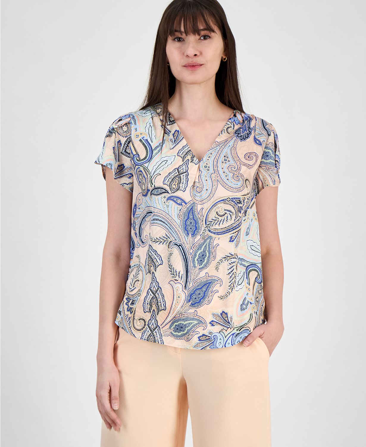 Women's Paisley Tulip-Sleeve V-Neck Blouse