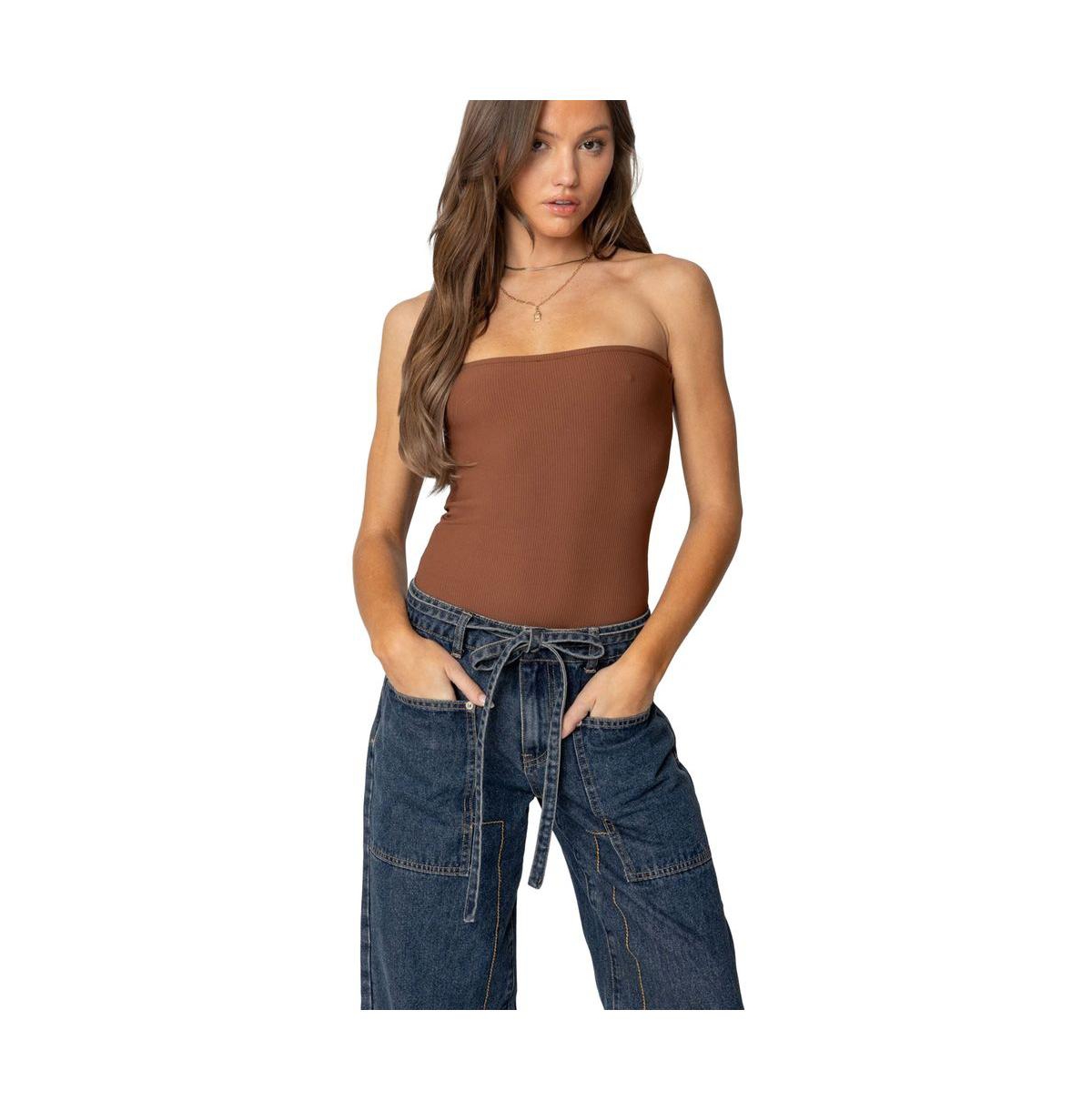 Womens Loren Strapless Ribbed Bodysuit - Brown