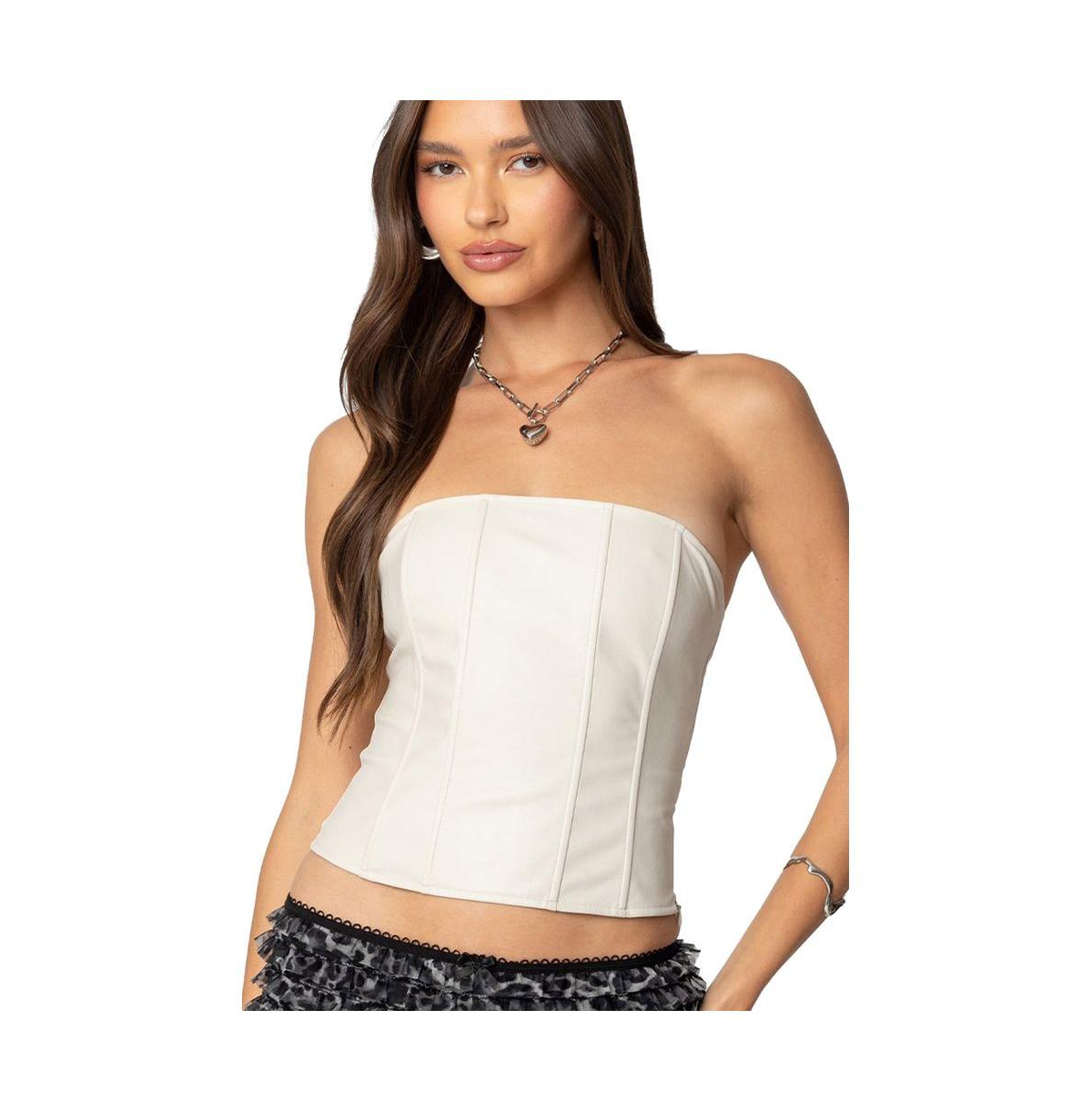 Womens Betty Lace Up Faux Leather Corset - Cream