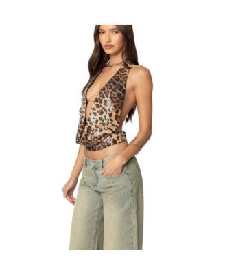 Womens Sequin Leopard Printed Cowl Neck Top