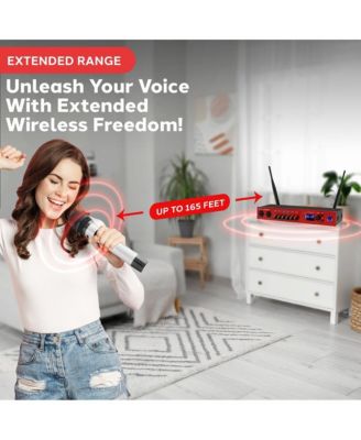 UHF Wireless Microphone System with Bluetooth - Dual Channel, 2 Handheld Mics, Portable Mixer, Red