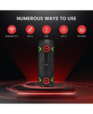 Dual 8” Portable PA Speaker with Bluetooth, Flashing Party Lights, USB/SD/FM Radio & Wireless Microphone