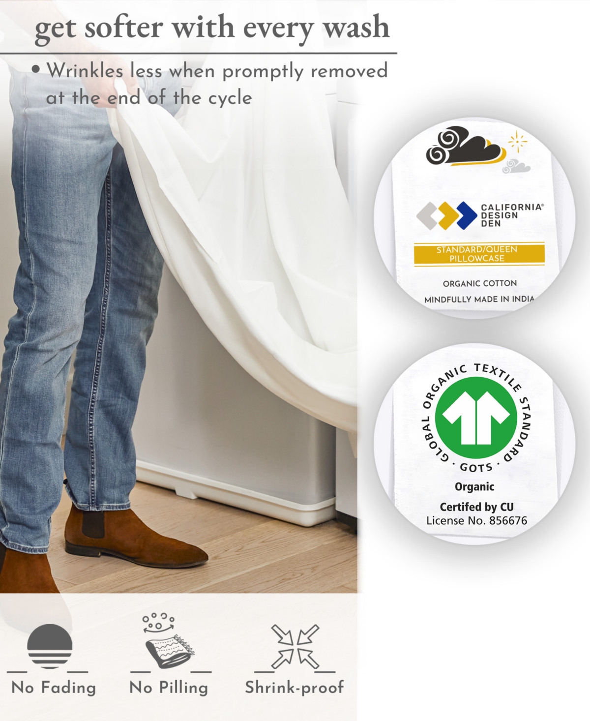 100% Organic Cotton Pillow Cases / Standard Set Of 2, Authentic Gots Certified, Soft & Cooling Percale Weave Cotton Pillowcases with envelope cl