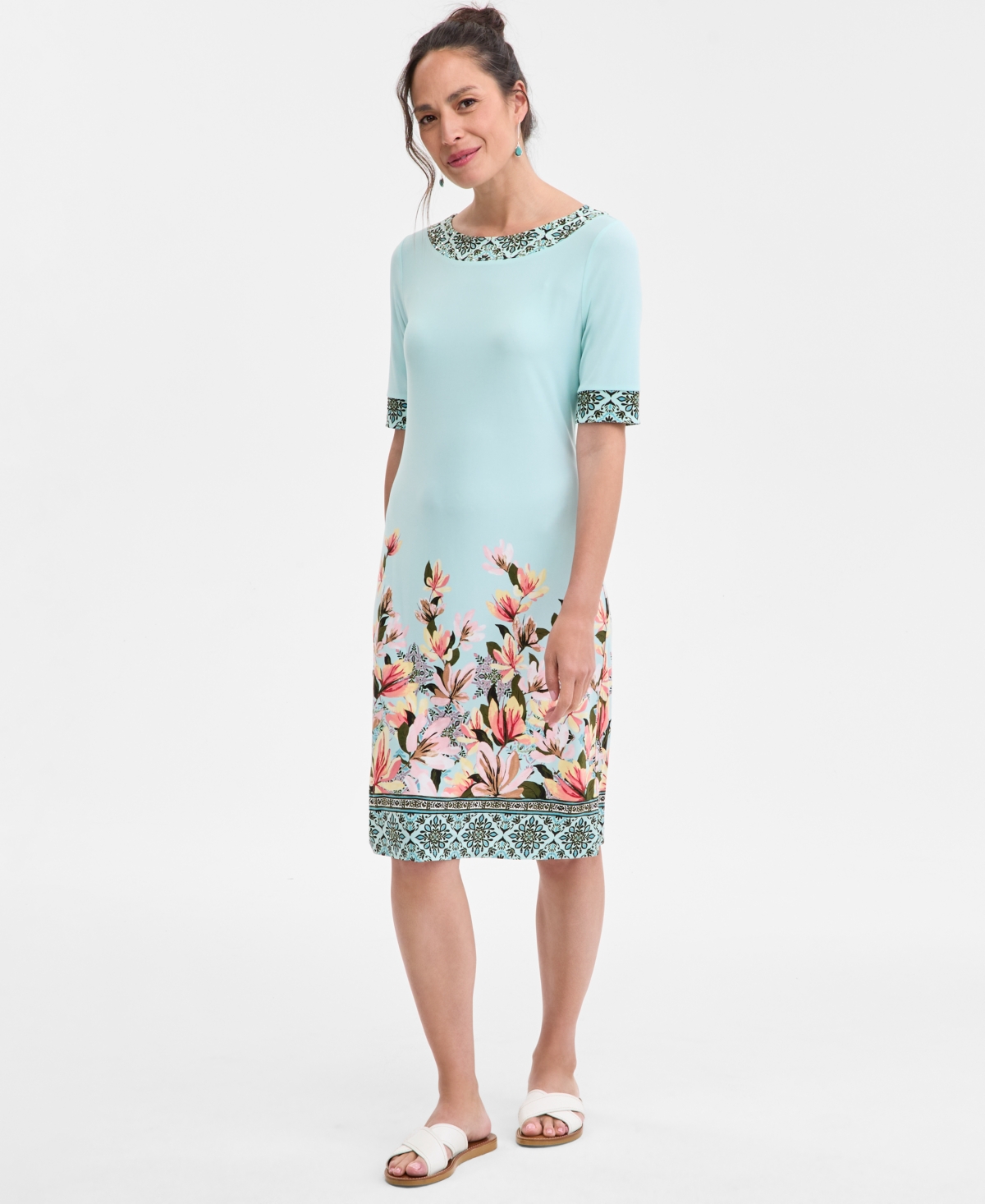 JM COLLECTION WOMEN'S PRINTED ELBOW SLEEVE DRESS, EXCLUSIVELY AT MACY'S 
