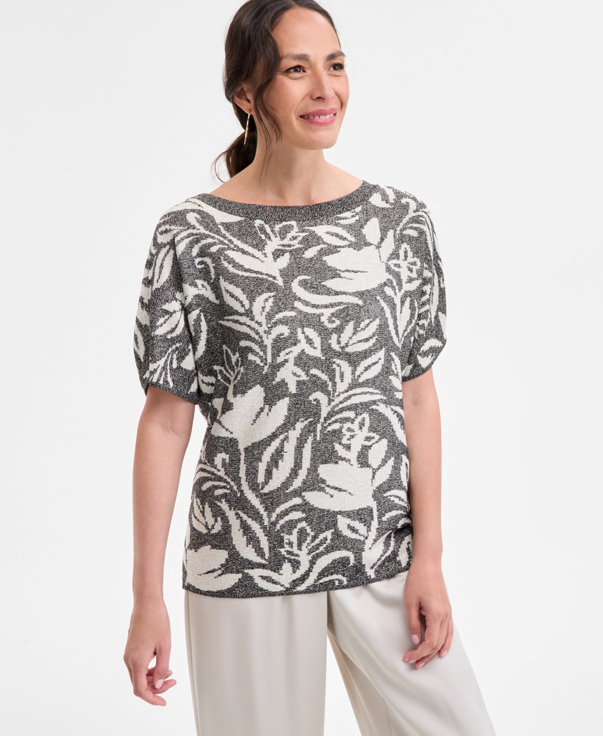 Petite Puff-Sleeve Jacquard Sweater, Exclusively at Macy's - Black
