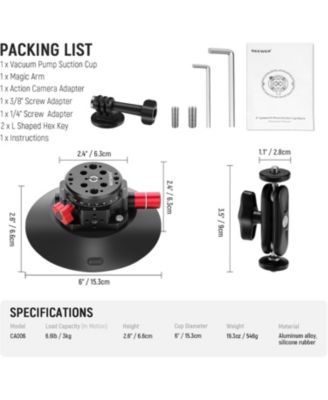 6"/15.2cm Camera Suction Cup Mount with Ball Head Magic Arm, Metal Suction Cup Mount on Car Windshield Dash for Camera/Action Camera/Phone Holder, with 1/4" & 3/8" Mounting Holes for ARRI