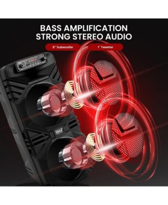 Bluetooth PA Speaker System - 600W Rechargeable Outdoor Bluetooth Speaker Portable PA System w/ Dual 8” Subwoofer 1” Tweeter, Microphone In, Party Lights, USB, Radio, Remote - Pyle PPHP2836B