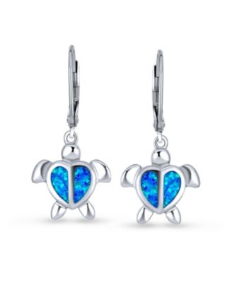 Nautical Dangle Synthetic Opal Heart Turtle Drop Earrings in Sterling Silver