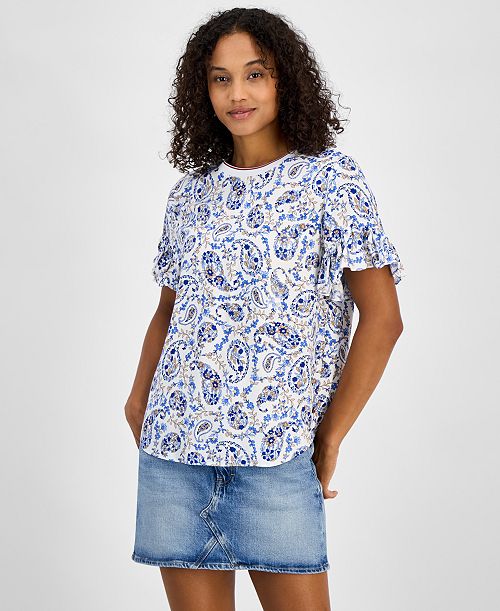 alfani Tommy Hilfiger Women's Paisley-Print Ruffle-Sleeve Top Women's Fashion Shoes & Accessories