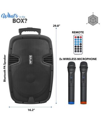 1600W 15" with 2 UHF mics, USB/SD/FM, audio recording, and rechargeable battery Bluetooth PA Speaker.