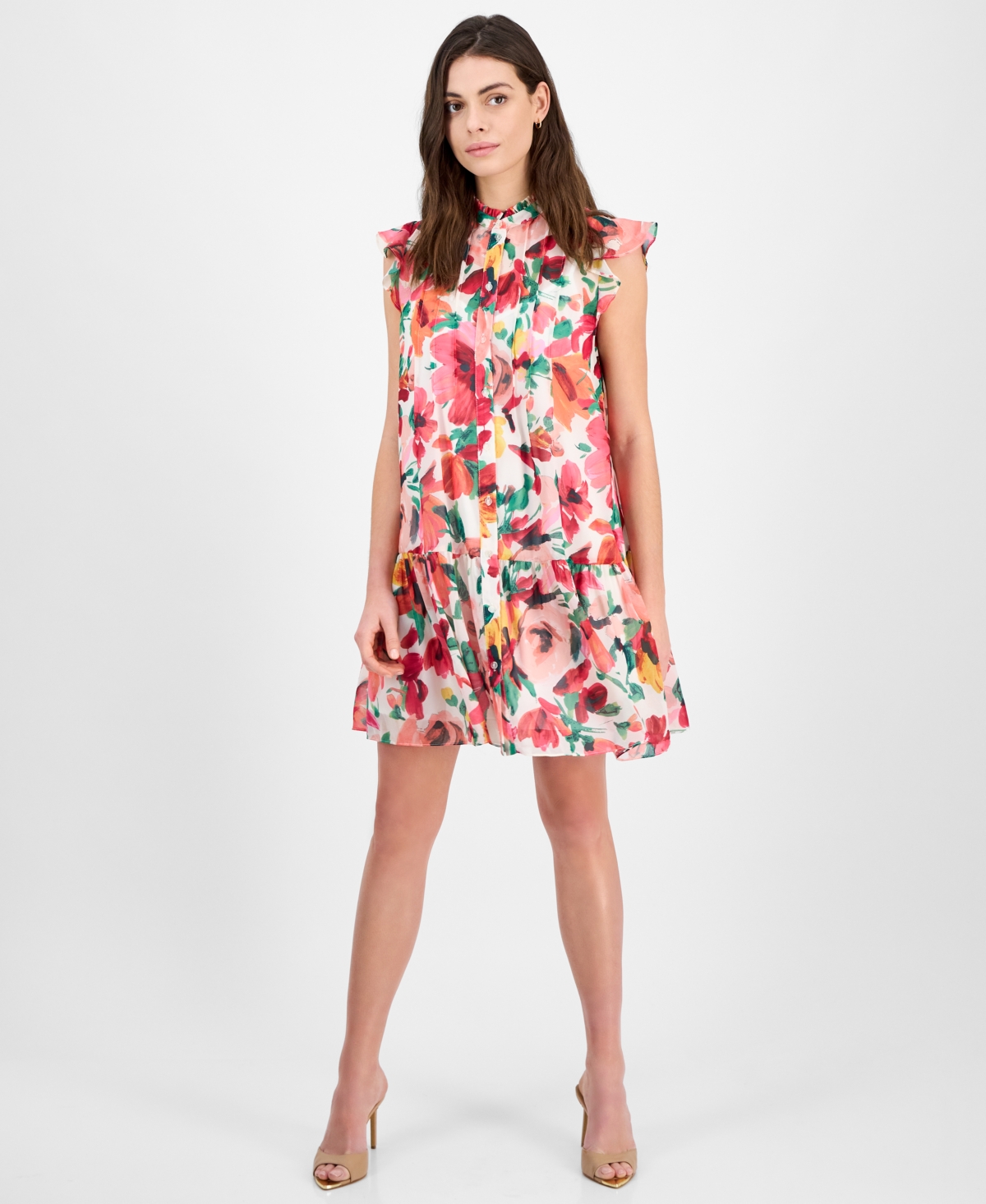 Women's Floral-Print Ruffle-Sleeve Mini Dress - Ivory/mult