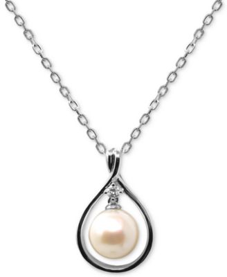 Macy's - Cultured Freshwater Pearl (8mm) & Diamond Accent Orbital Teardrop 18" Pendant Necklace in Sterling Silver