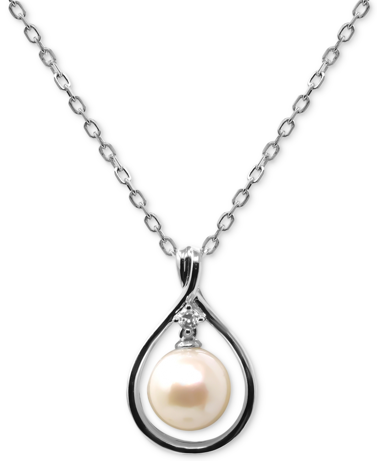 Macy's Cultured Freshwater Pearl (8mm) & Diamond Accent Orbital Teardrop 18" Pendant Necklace In Sterling S In Silver