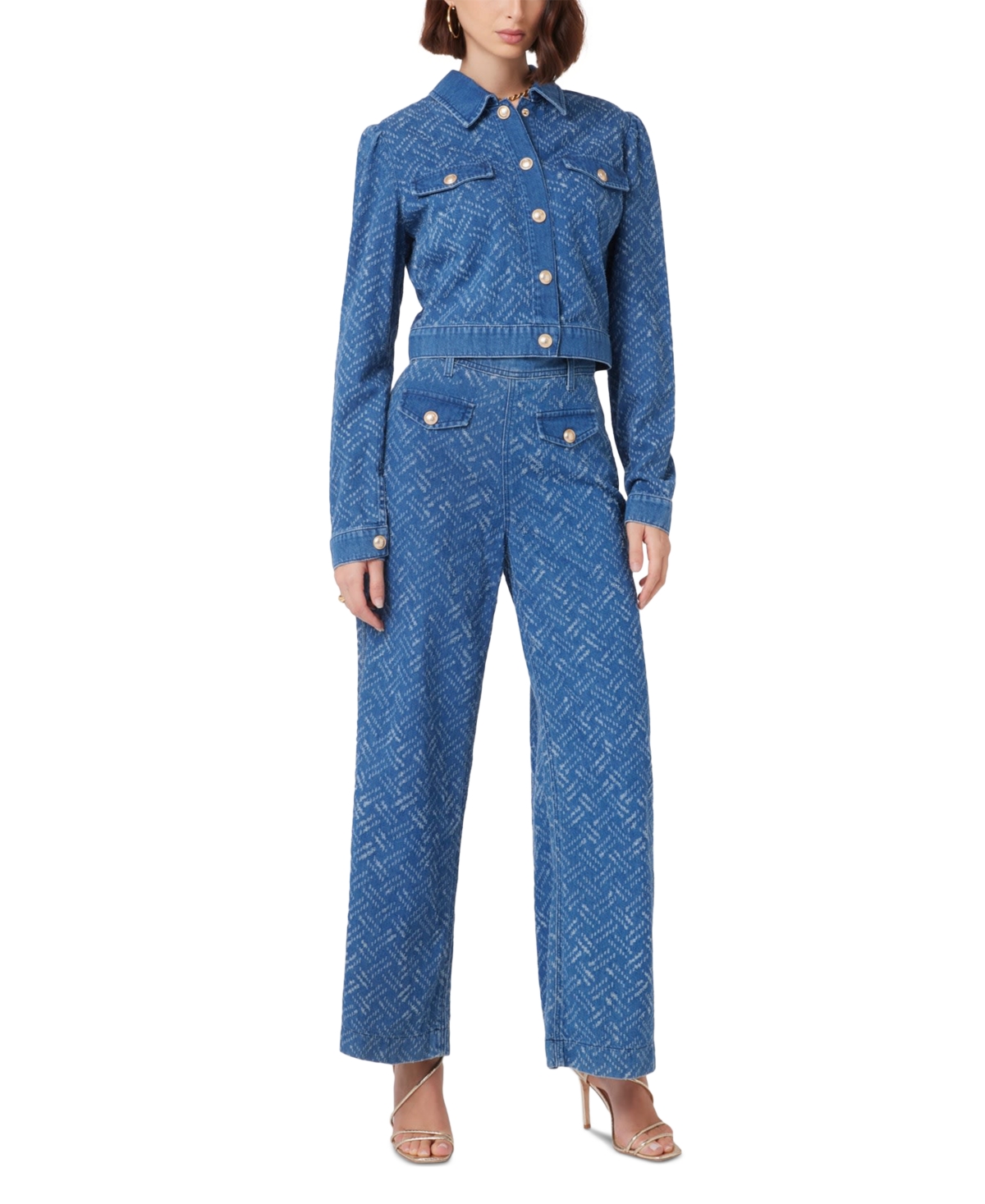 GUESS WOMEN'S GILLY PATTERNED CROPPED DENIM JACKET 