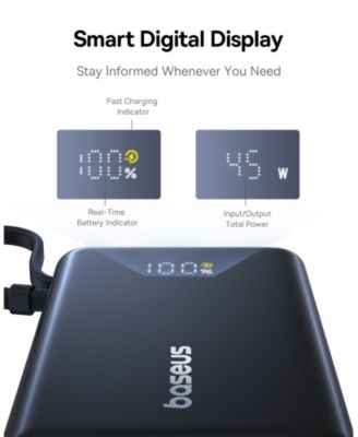 Power Bank, Picogo 10000mAh 45W 3-Output Portable Charger with Built-in USB-C Cable, White