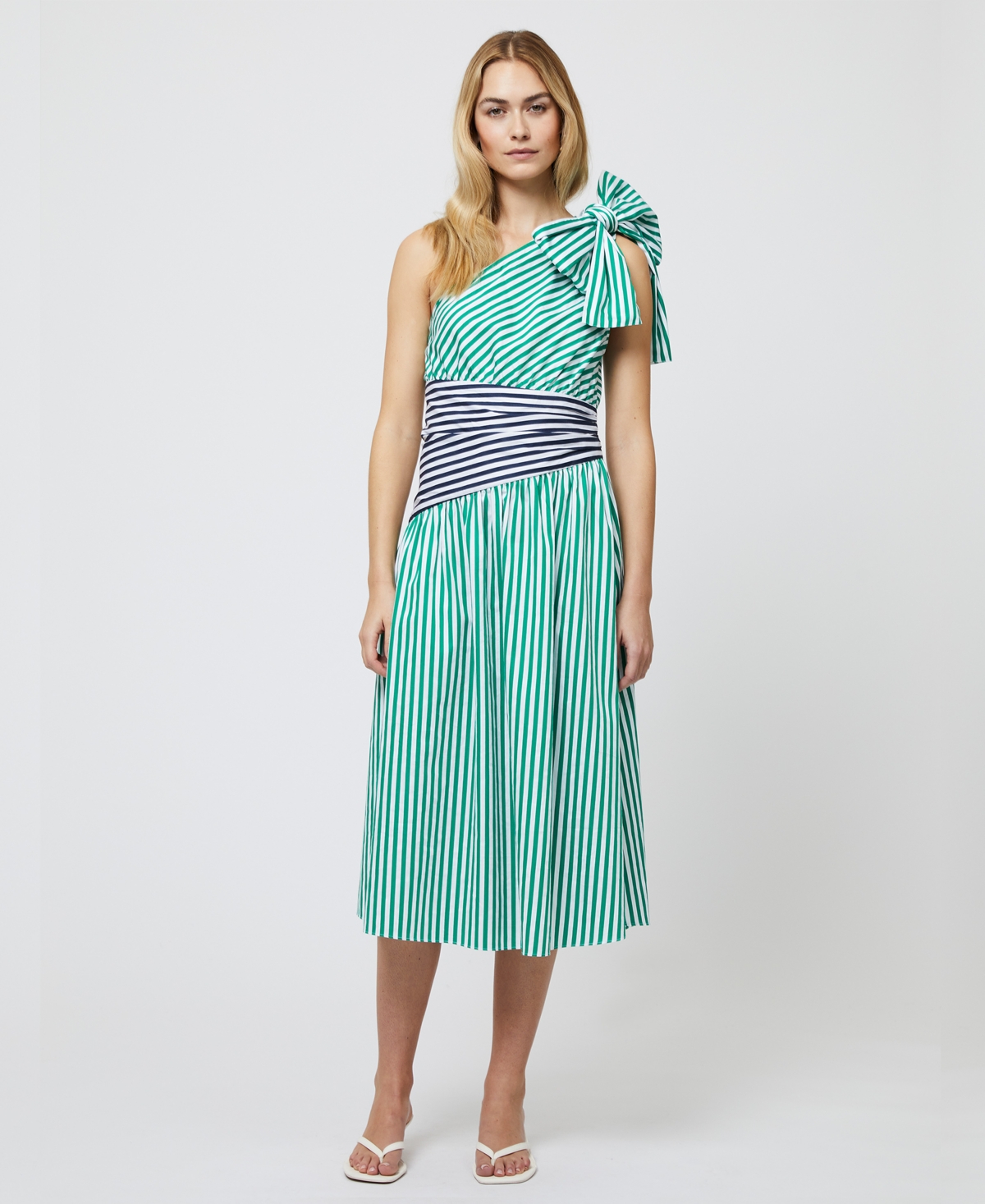 French Connection Alexis Mixed Stripe One-shoulder Cotton Dress In Green