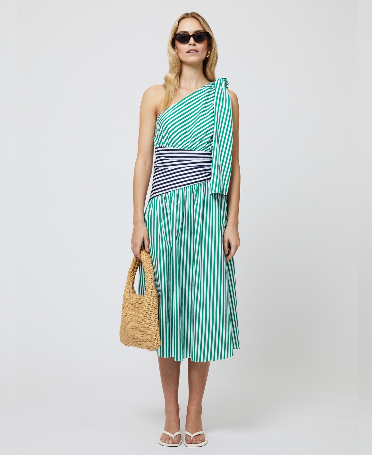 French Connection Alexis Mixed Stripe One-shoulder Cotton Dress In Green
