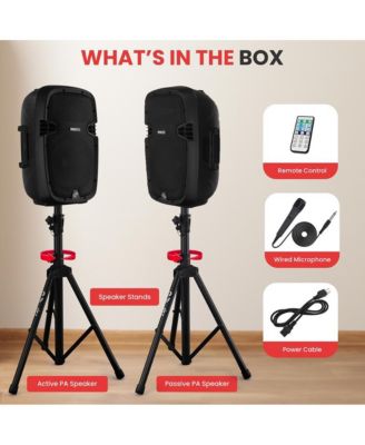 10" Active + Passive PA Speaker System Kit with Bluetooth, USB/SD/MP3 Playback, Includes (2) Speaker Stands, Wired Microphone & Remote Control