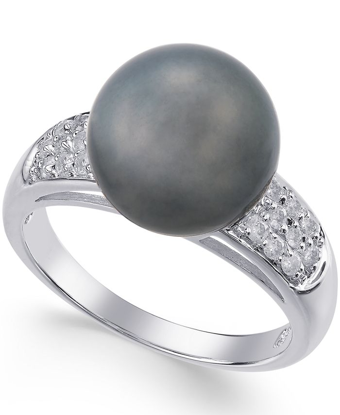 Macy's Cultured Tahitian Pearl (11mm) and Diamond Ring (1/4 ct. t.w ...