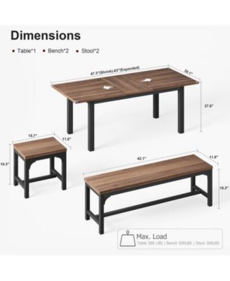 63" 5-Piece Metal Frame Extendable Dining Table Set with Benches & Stools