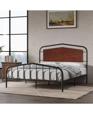 Platform Bed Frame with Wooden Headboard, Heavy Duty Metal Slats Support