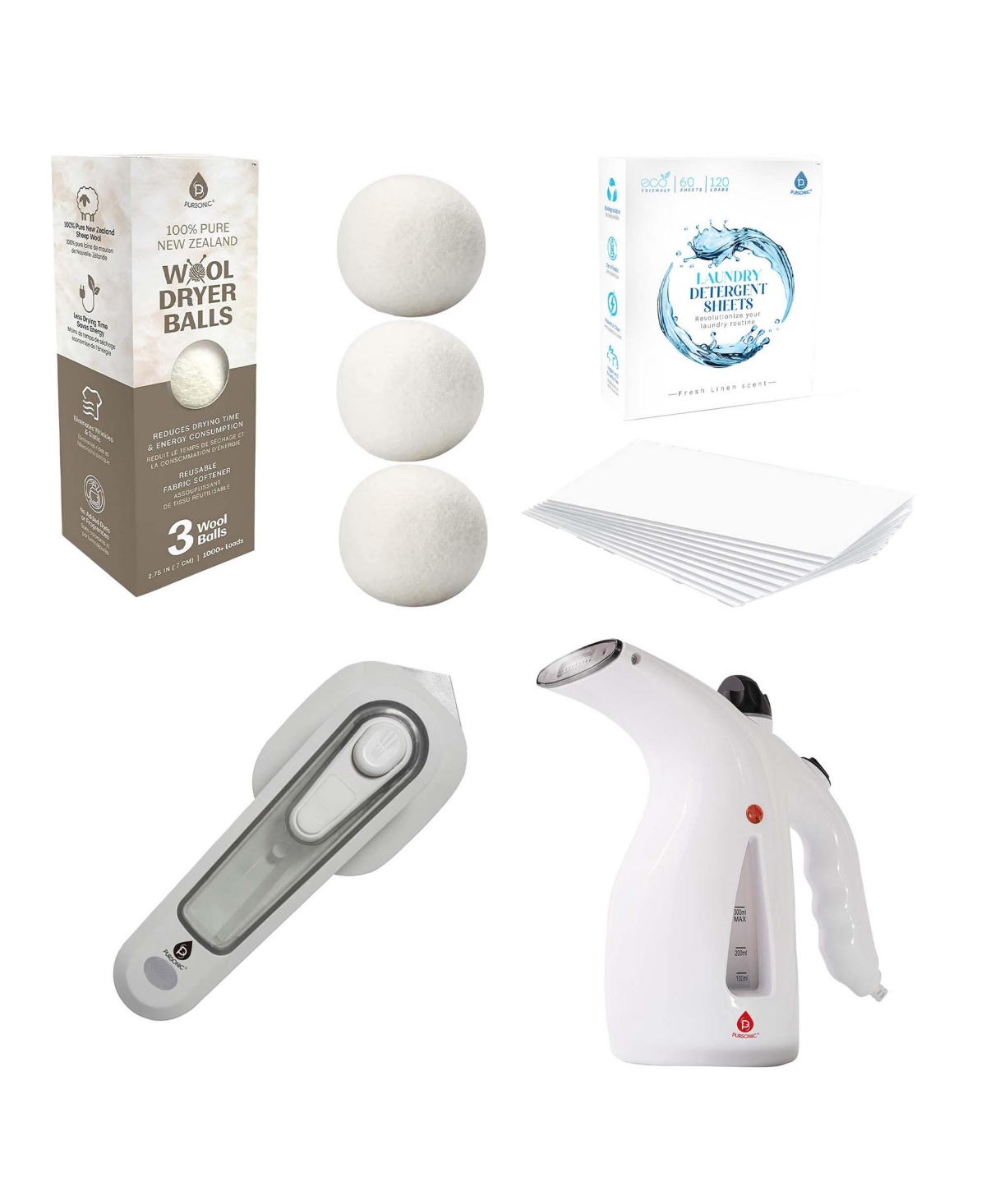 Travel Laundry Essentials Set: Garment Steamer, Mini Iron, Eco-Friendly Laundry Sheets, and Wool Dryer Balls - White
