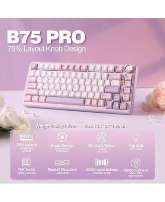B75 PRO Wireless Mechanical Keyboard,75% Gaming Keyboard Gasket Hot Swap Custom Keyboard with Knob,Pre-lubed Switches RGB,Bluetooth/Type-C/2.4G Creamy Keyboard