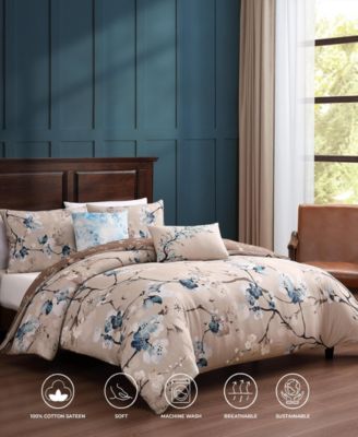 Blue Blossom Bedding 220 Thread Count 100% Cotton Sateen 5 Piece King Size Reversible Comforter Set