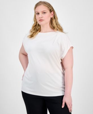 Anne Klein - Plus Size Pleat-Neck Short-Sleeve Blouse