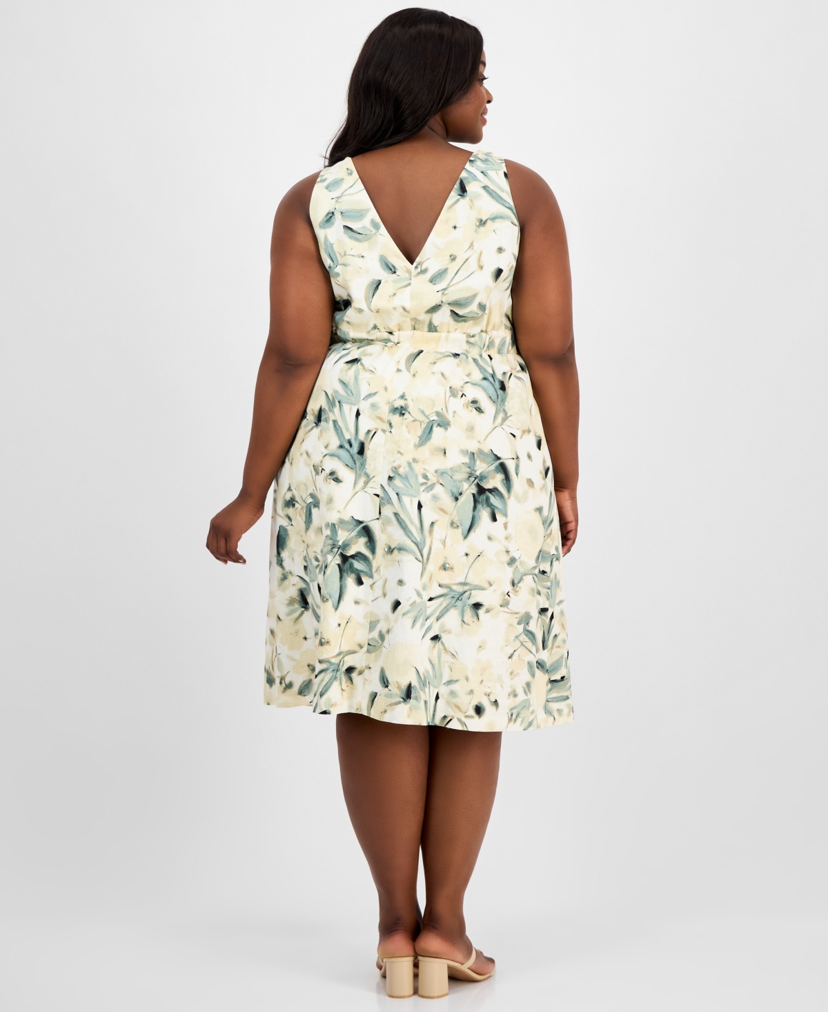 Anne Klein Plus Size Floral-print Linen-blend Fit & Flare Dress In White Dove Multi