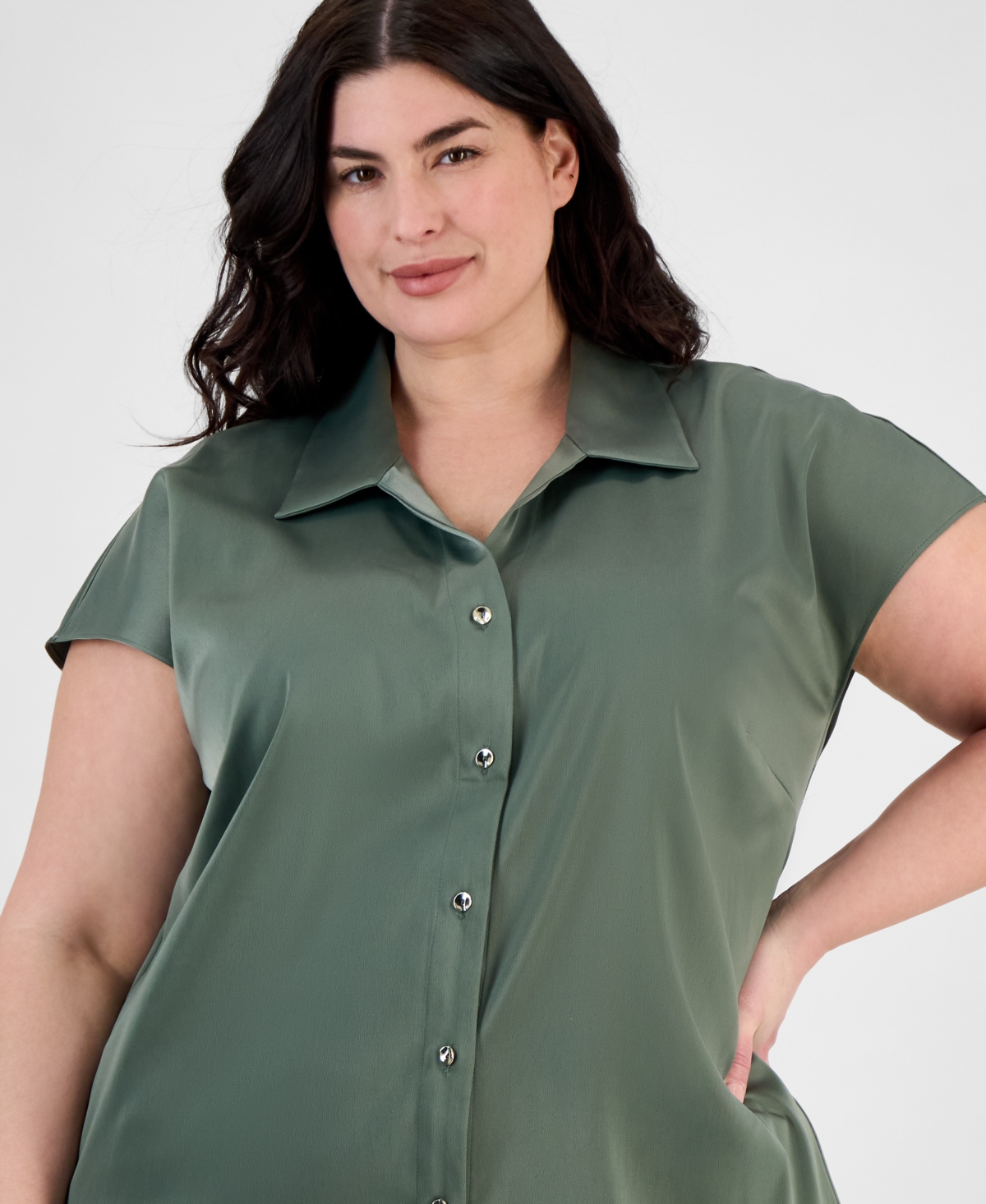ANNE KLEIN PLUS SIZE CAP-SLEEVE SATIN COLLARED BLOUSE 
