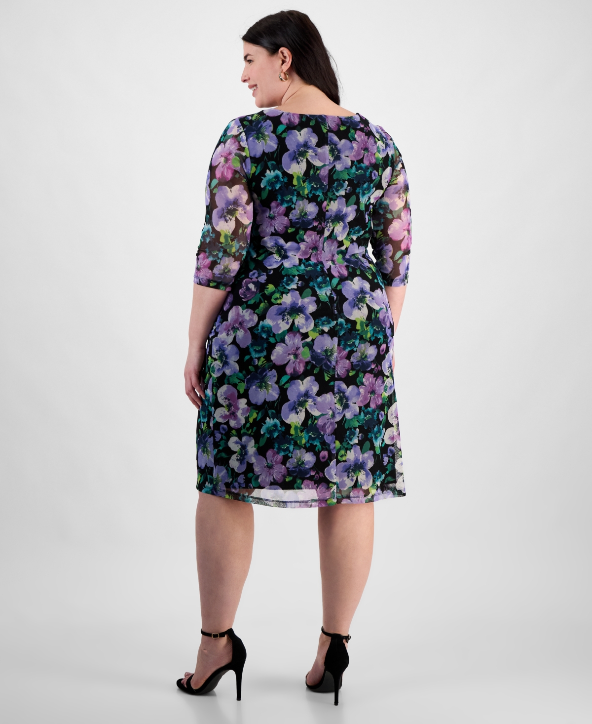 Connected Plus Size Printed Mesh 3/4-sleeve Sheath Dress In Blk