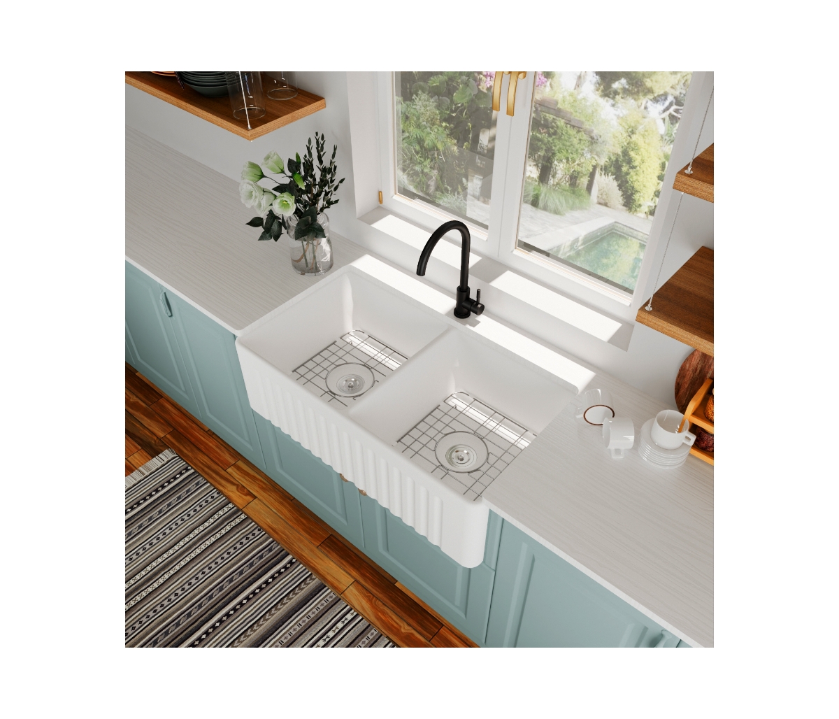 33" L x 18" W Double Basin Farmhouse Apron Kitchen Sink with Grid and Strainer - White